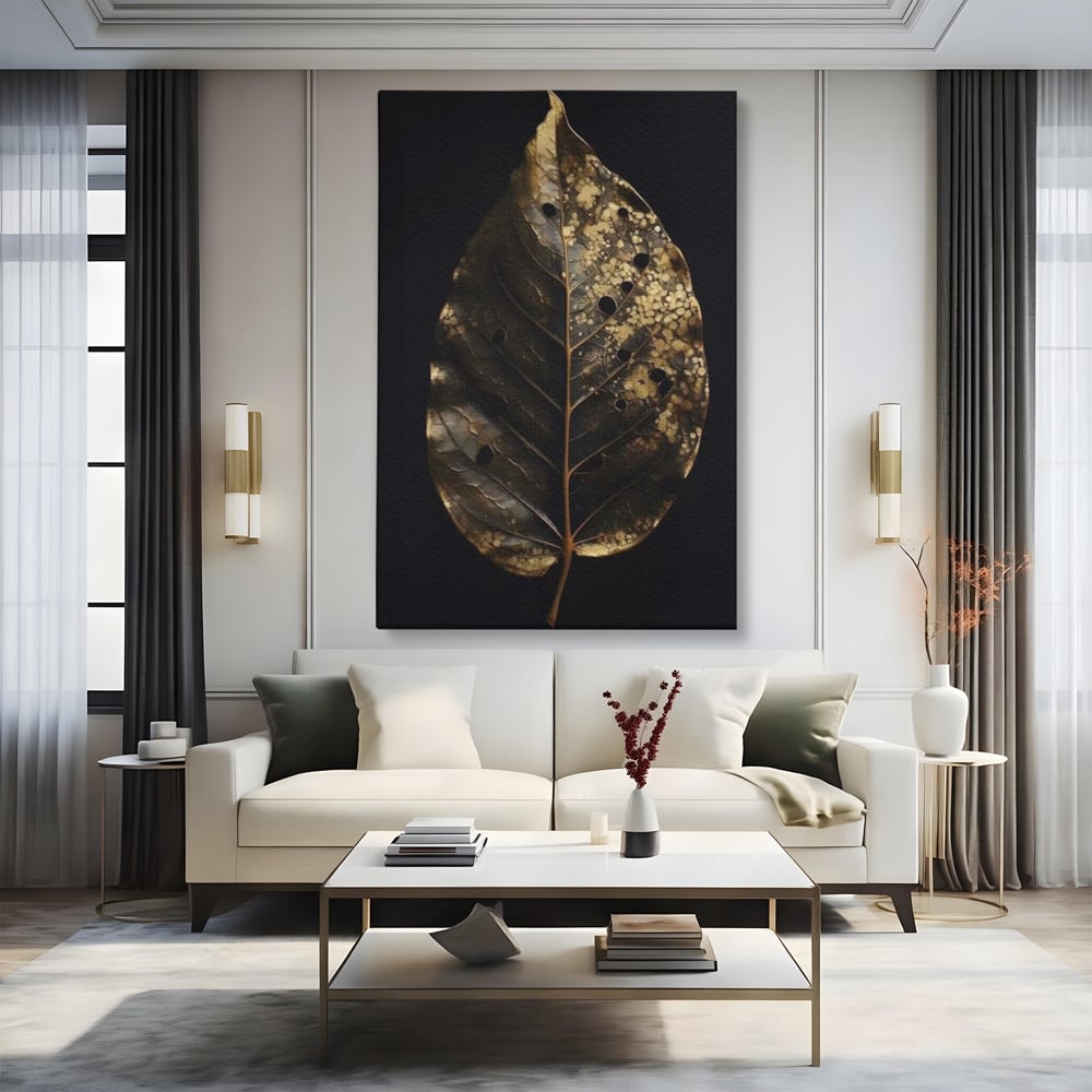 Tablou canvas cu tablou canvas cu frunza uscata, fara rama, pe sasiu de lemn, pe perete intr-un living